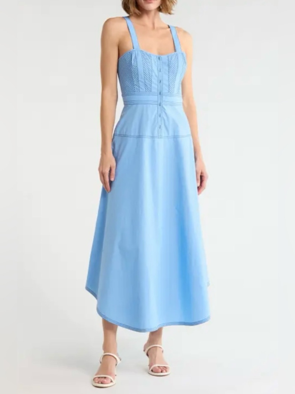 Area Stars Devi Topstitch Midi Dress in Light Blue Navy
